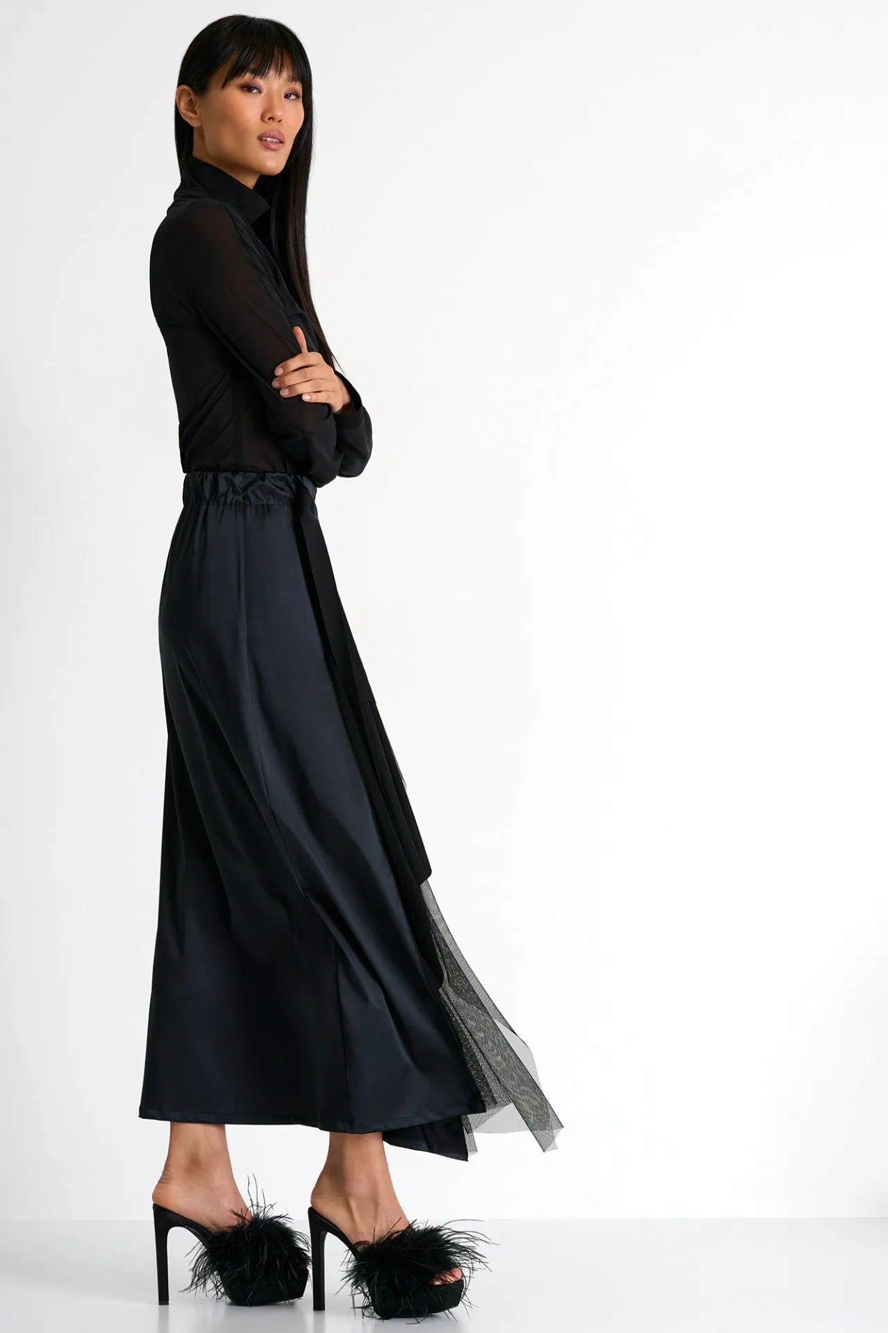 3D Jersey & Satin Maxi Skirt
