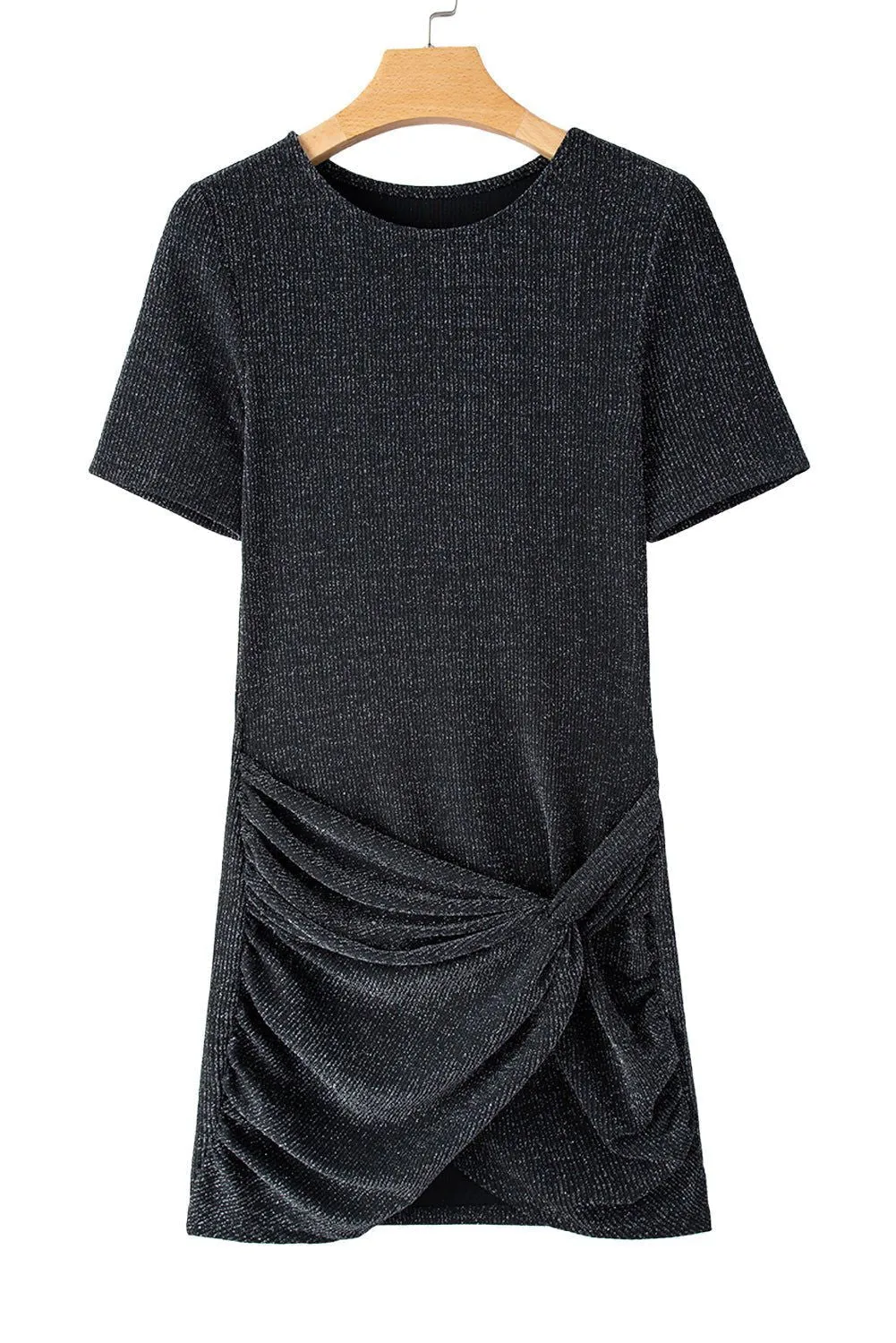 Black Plain Crew Neck Twist Front Tulip Hem Mini Dress
