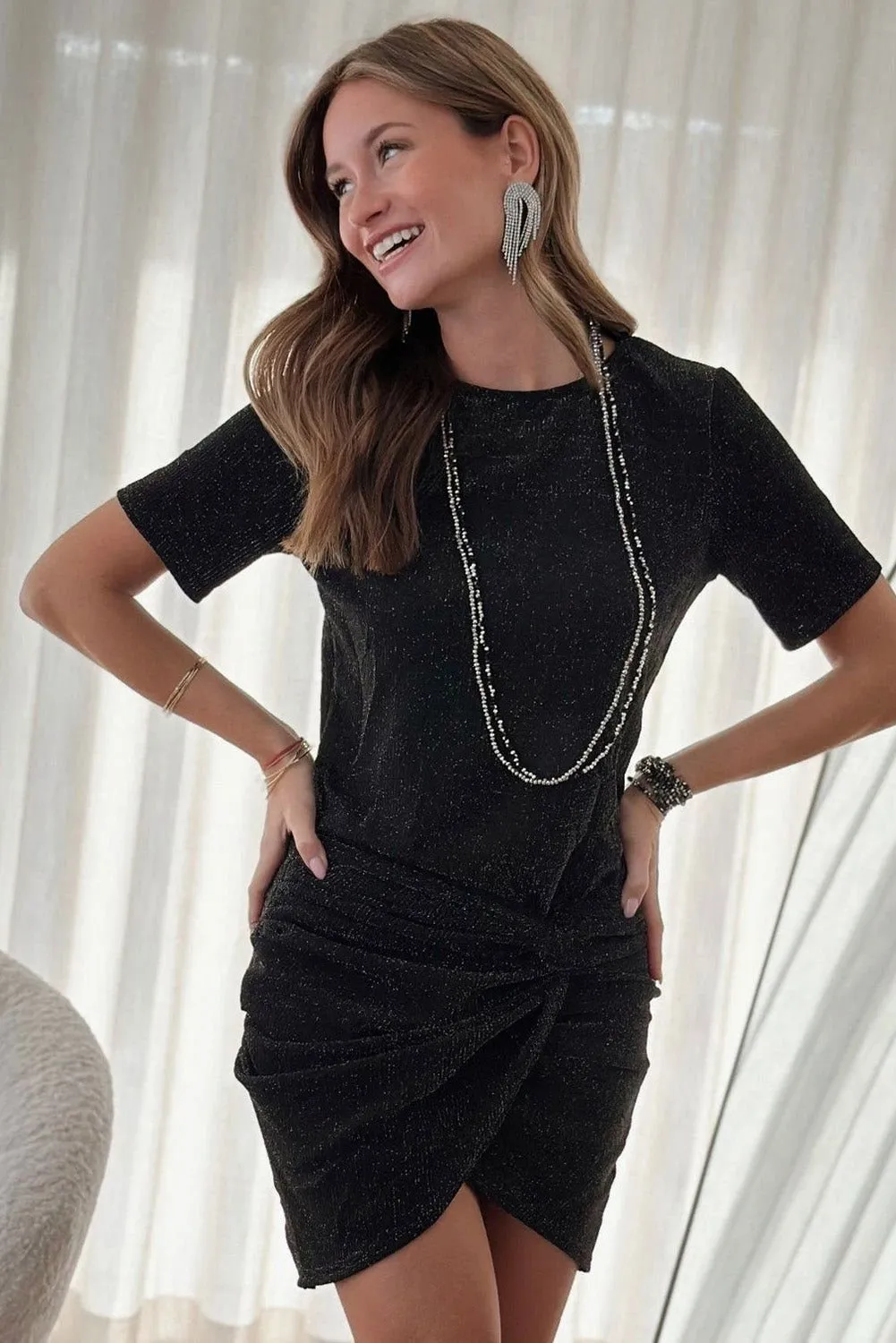 Black Plain Crew Neck Twist Front Tulip Hem Mini Dress