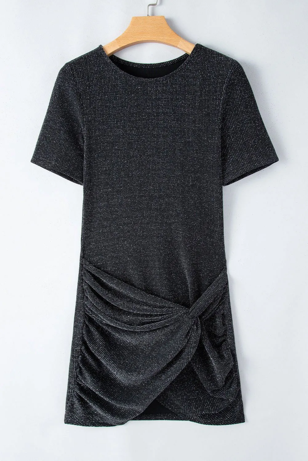 Black Plain Crew Neck Twist Front Tulip Hem Mini Dress