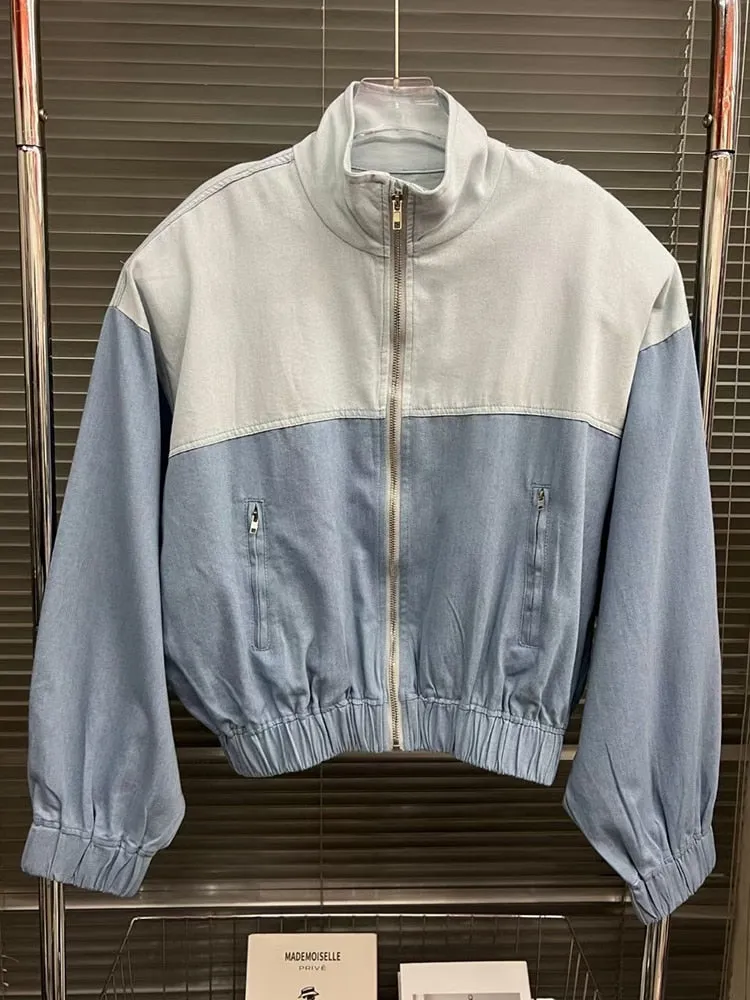 Casual Denim Hit Color Jackets For Women Lapel Long Sleeve Loose Streetwear Vintage Jacket Female Fashion Clothing