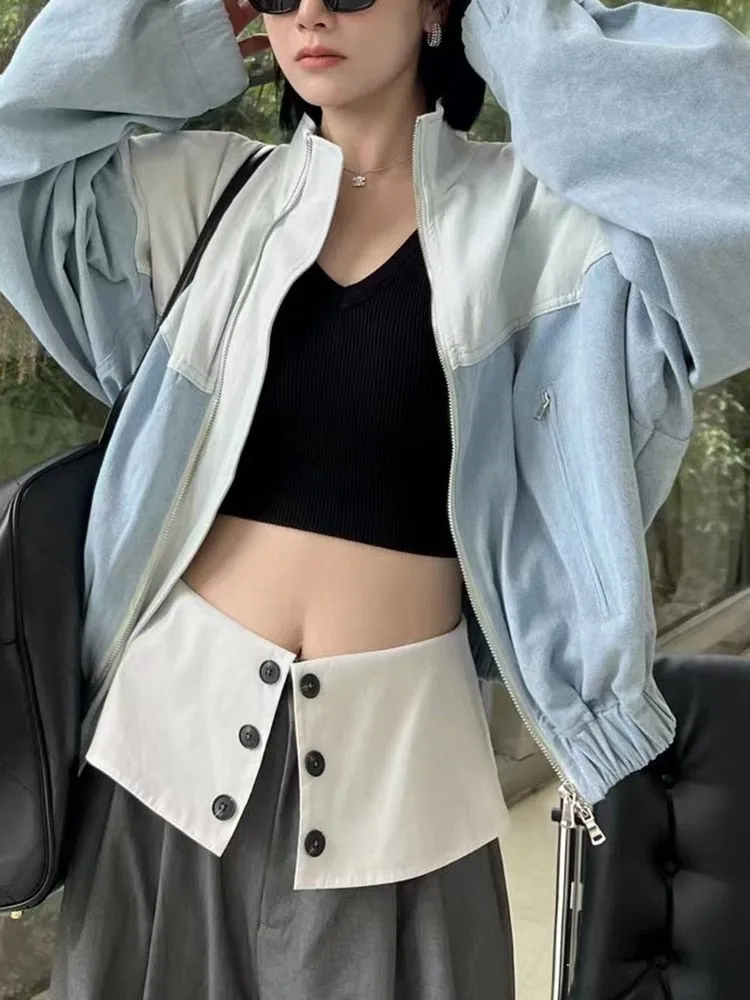 Casual Denim Hit Color Jackets For Women Lapel Long Sleeve Loose Streetwear Vintage Jacket Female Fashion Clothing