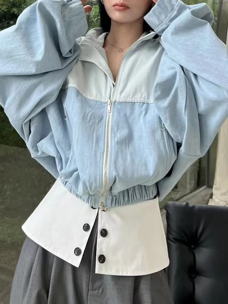 Casual Denim Hit Color Jackets For Women Lapel Long Sleeve Loose Streetwear Vintage Jacket Female Fashion Clothing