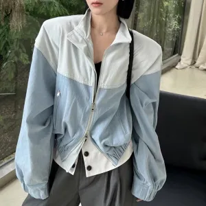 Casual Denim Hit Color Jackets For Women Lapel Long Sleeve Loose Streetwear Vintage Jacket Female Fashion Clothing