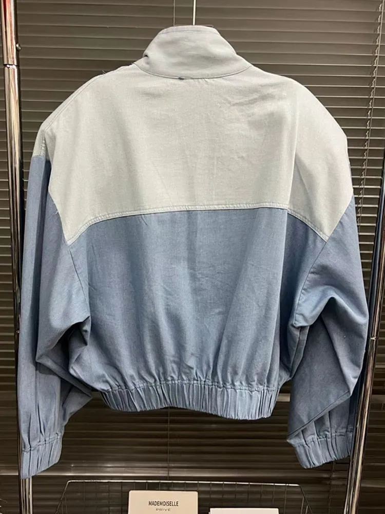 Casual Denim Hit Color Jackets For Women Lapel Long Sleeve Loose Streetwear Vintage Jacket Female Fashion Clothing