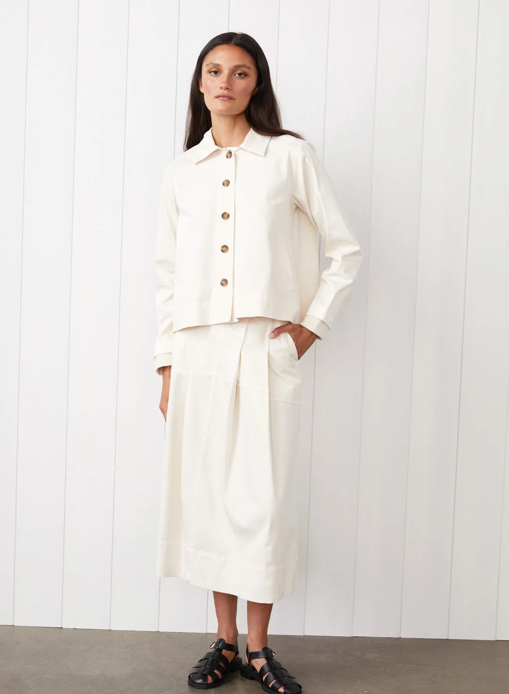 Cava Twill Peacoat & Skirt Set in Cream