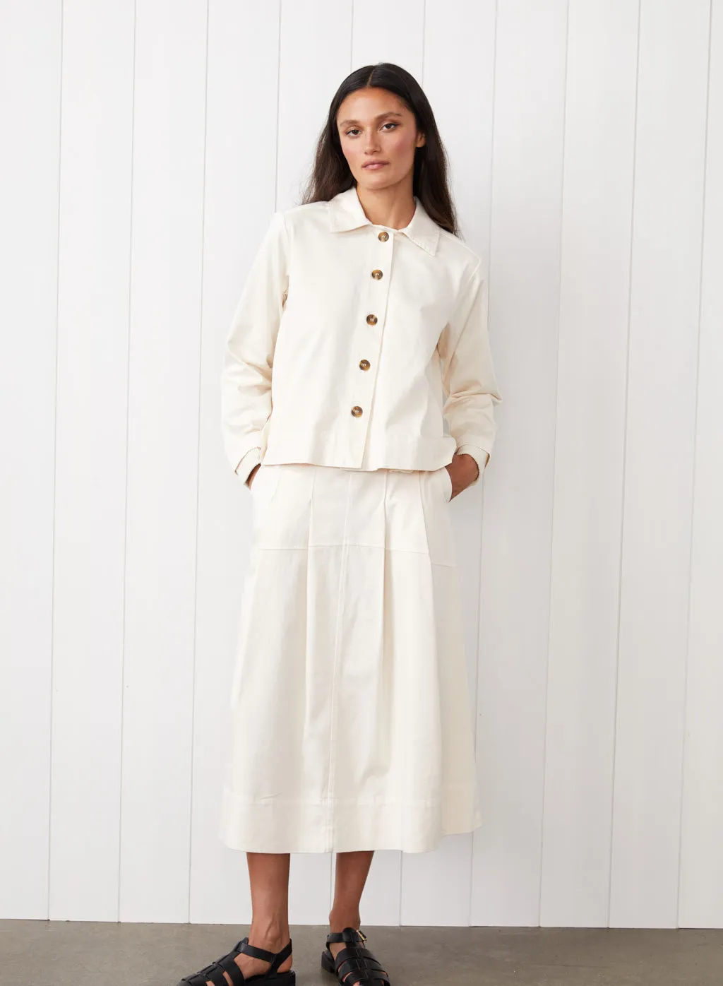 Cava Twill Peacoat & Skirt Set in Cream