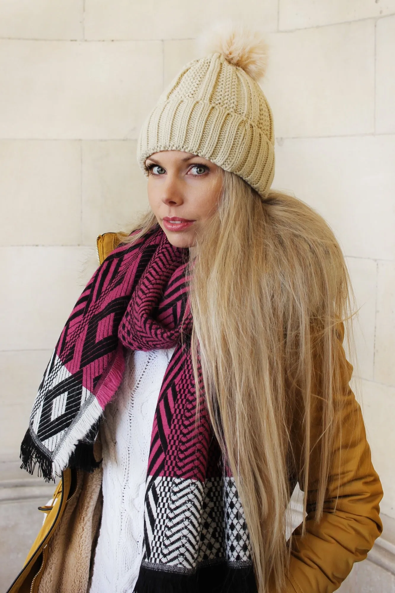 Dark Pink and Black Multi Colour Women's Winter Scarf