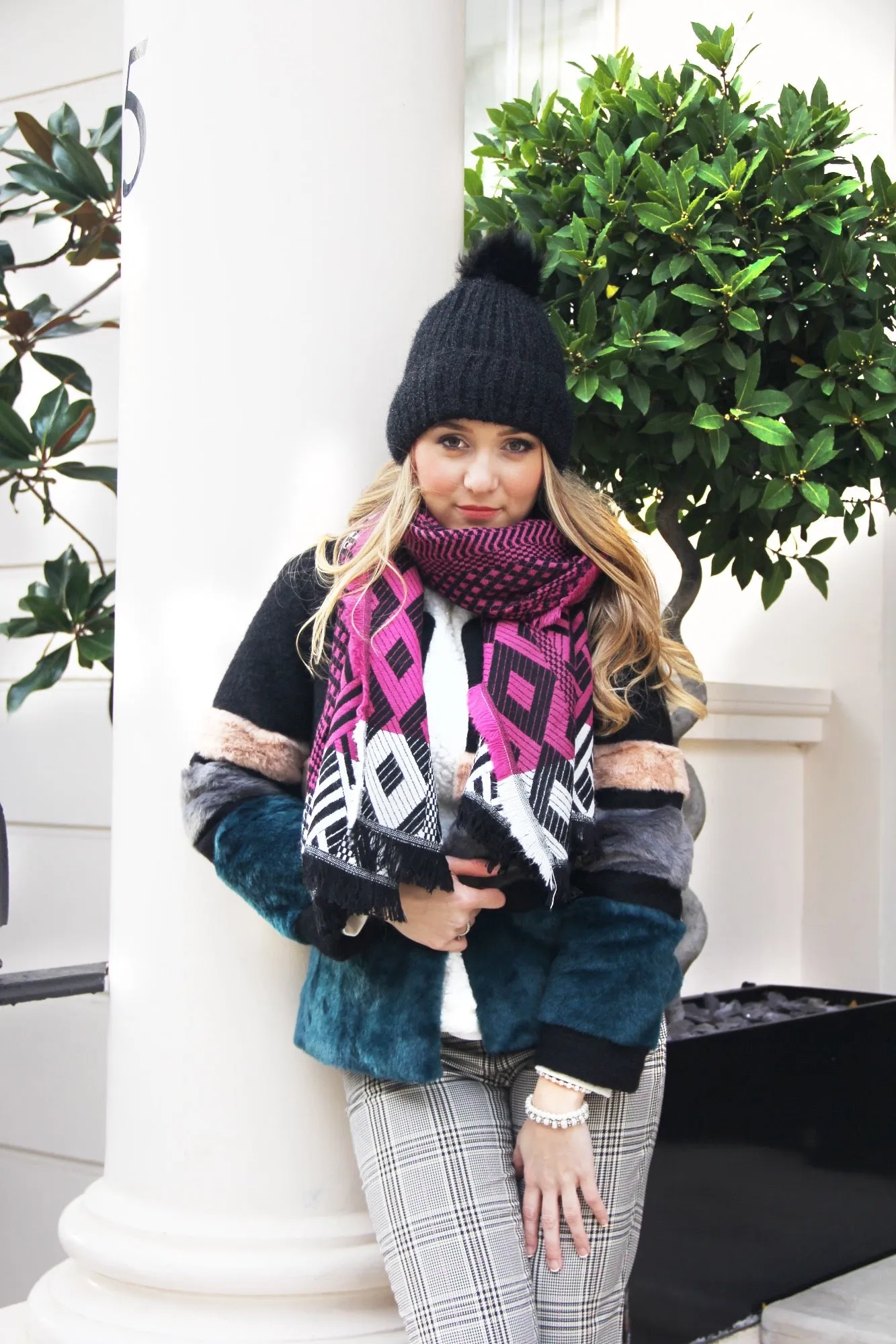 Dark Pink and Black Multi Colour Women's Winter Scarf