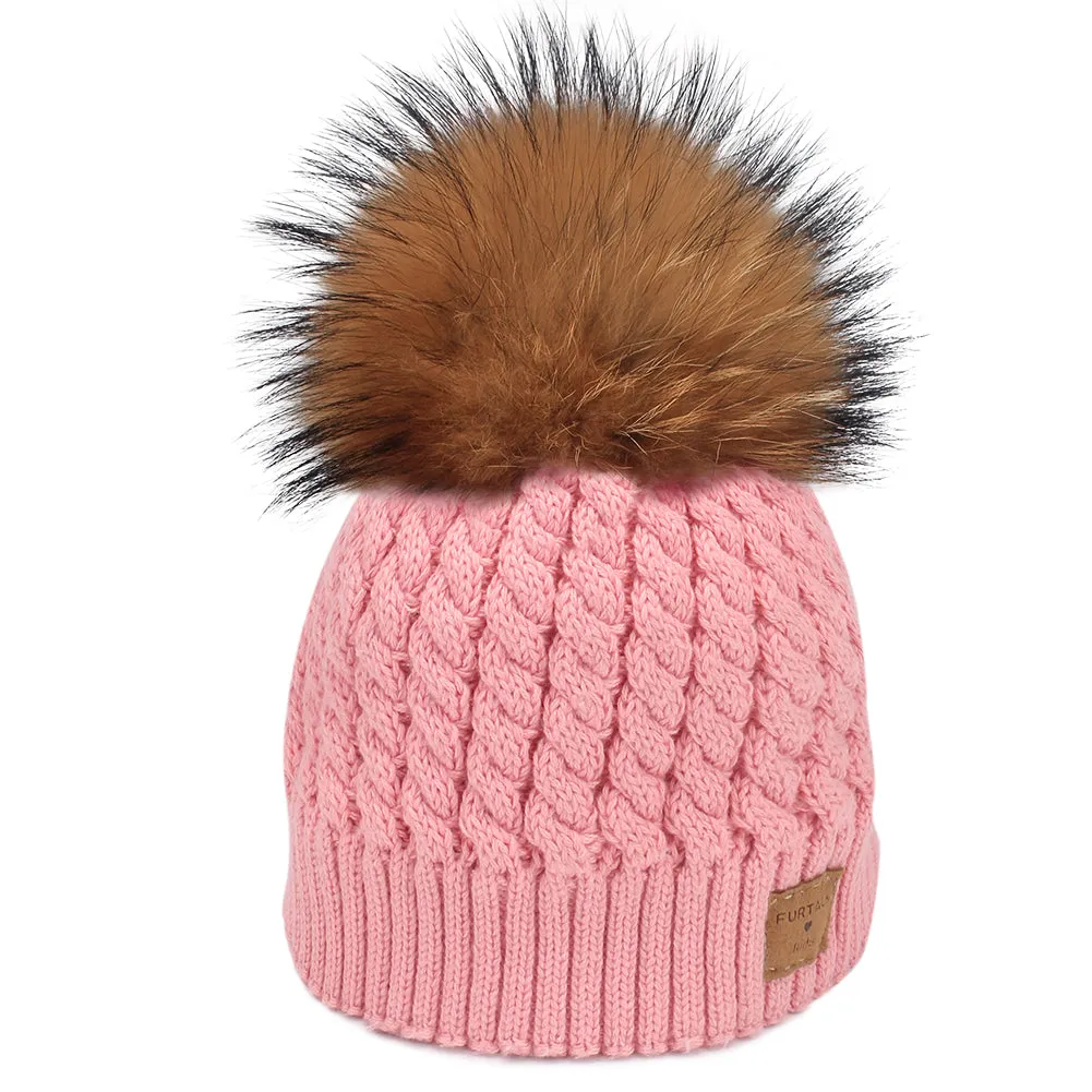 FURTALK Child Winter Real Fur PomPom Hat   Drop Shipping CH004