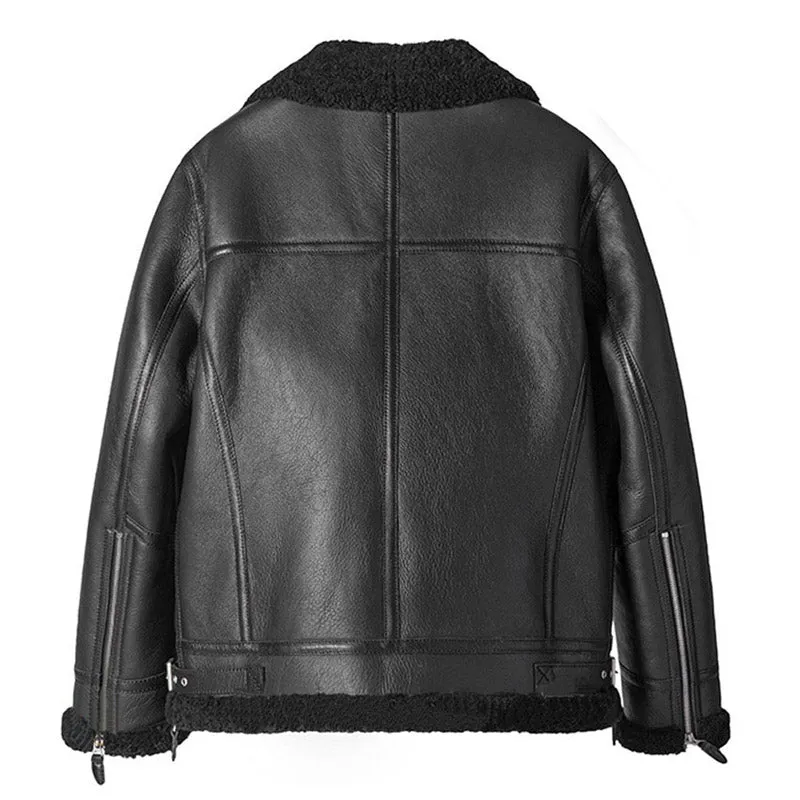 Genuine Style Mens Black Winter Sheepskin B-3 Bomber Leather Jacket