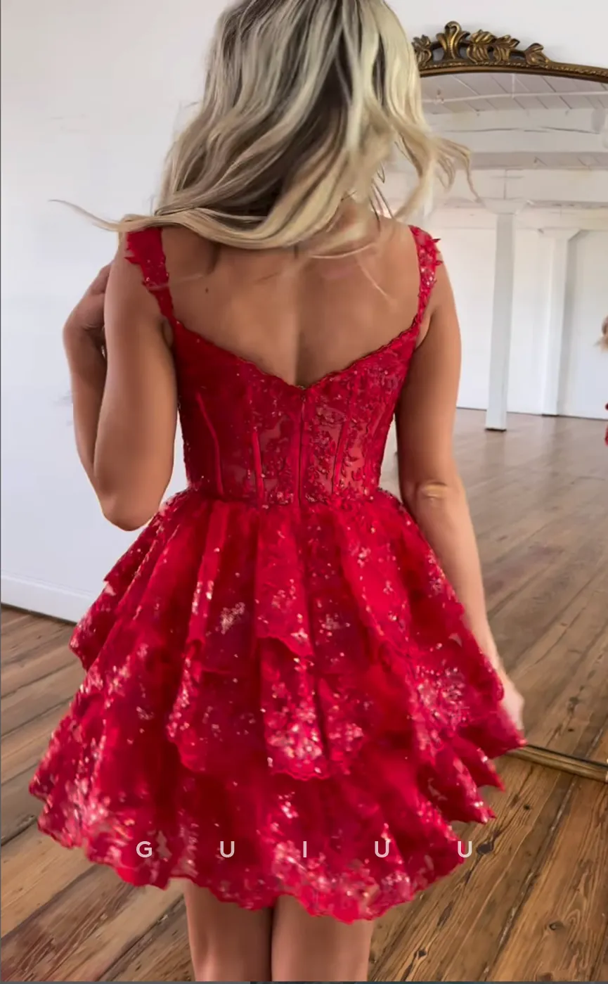 GH633 - Chic & Modern Lace Sequins Spaghetti Straps Red Short Homecoming Dress