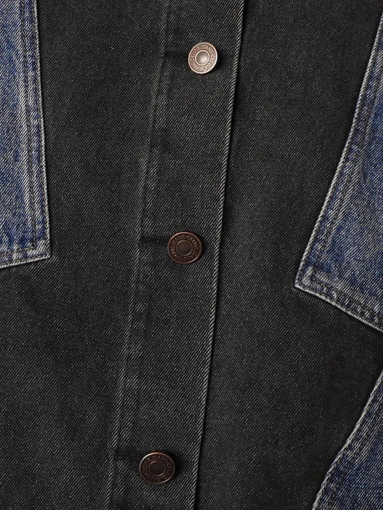 Hit Color Denim Jackets For Women Lapel Long Sleeve Patchwork Single Breasted Vintage Casual Jacket Female Clothing