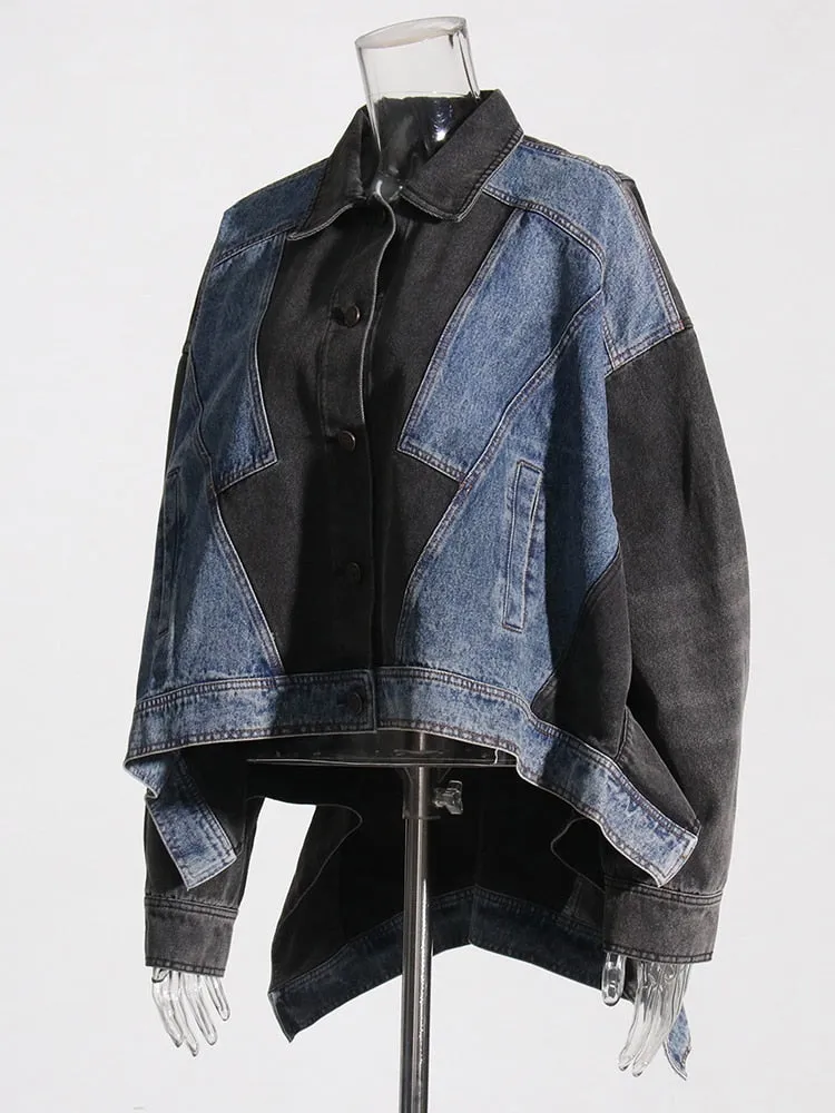 Hit Color Denim Jackets For Women Lapel Long Sleeve Patchwork Single Breasted Vintage Casual Jacket Female Clothing