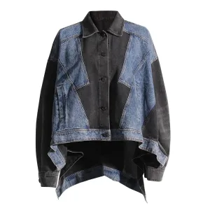 Hit Color Denim Jackets For Women Lapel Long Sleeve Patchwork Single Breasted Vintage Casual Jacket Female Clothing