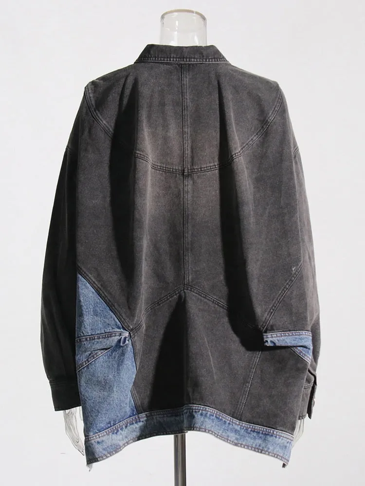 Hit Color Denim Jackets For Women Lapel Long Sleeve Patchwork Single Breasted Vintage Casual Jacket Female Clothing