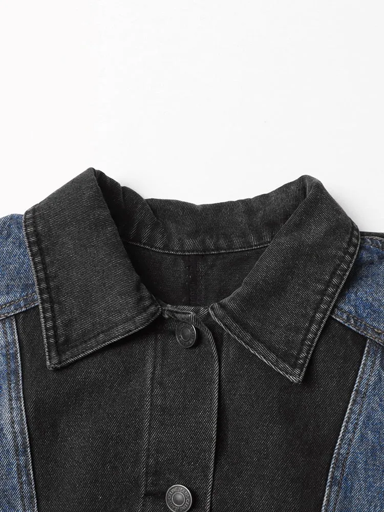 Hit Color Denim Jackets For Women Lapel Long Sleeve Patchwork Single Breasted Vintage Casual Jacket Female Clothing