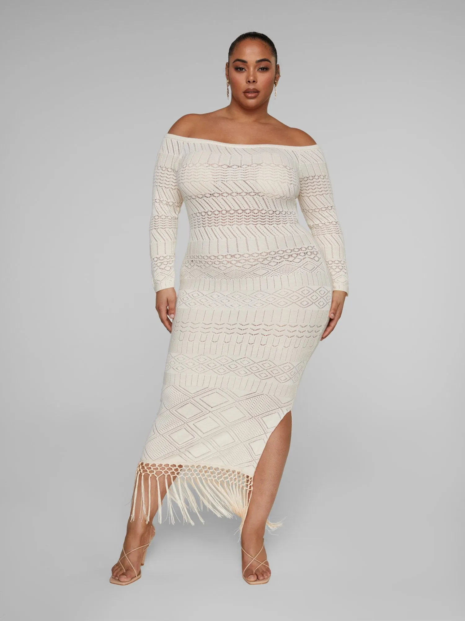 Latonya Off-The-Shoulder Fringe Detail Crochet Dress