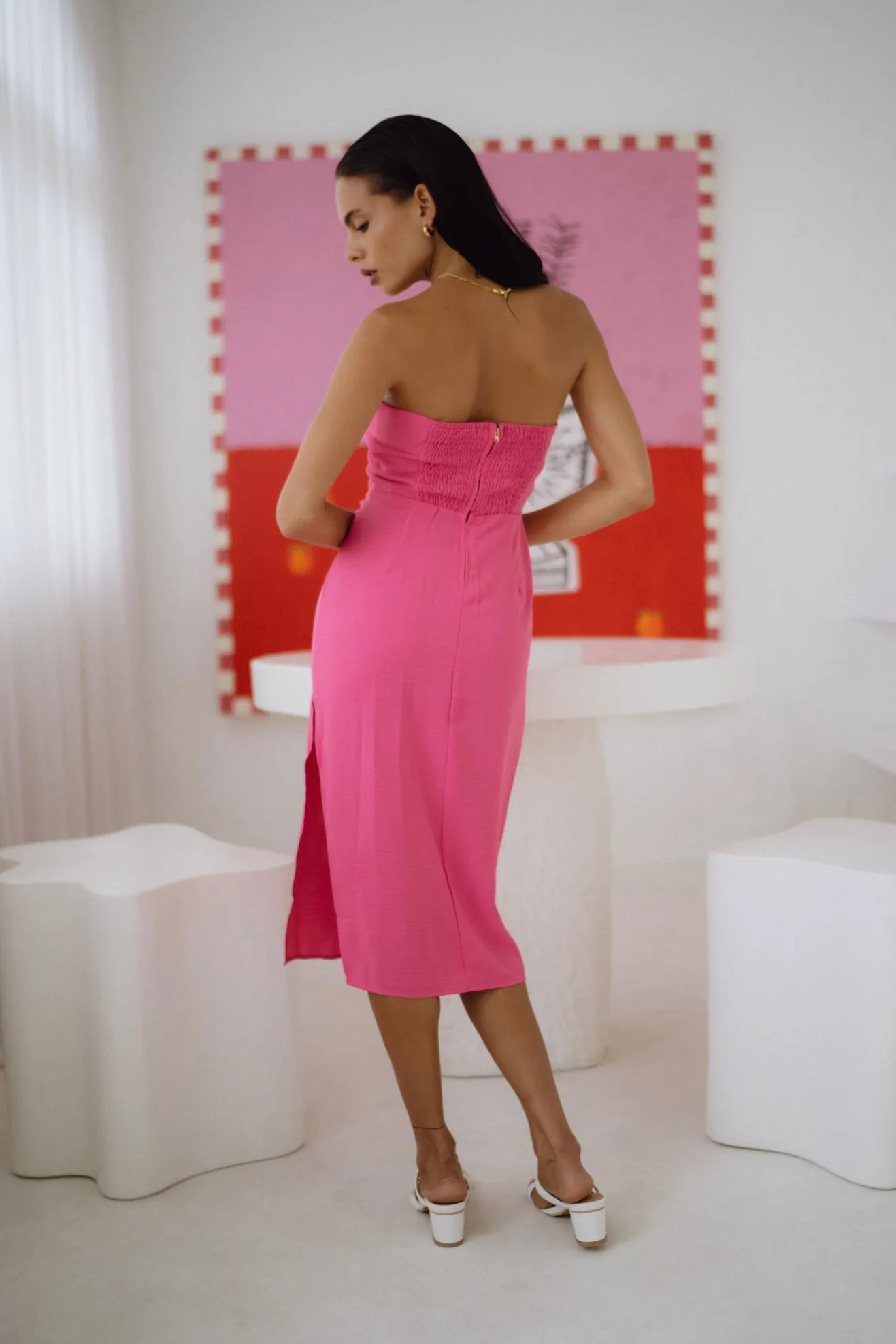 Natalie Hot Pink Strapless Midi Dress