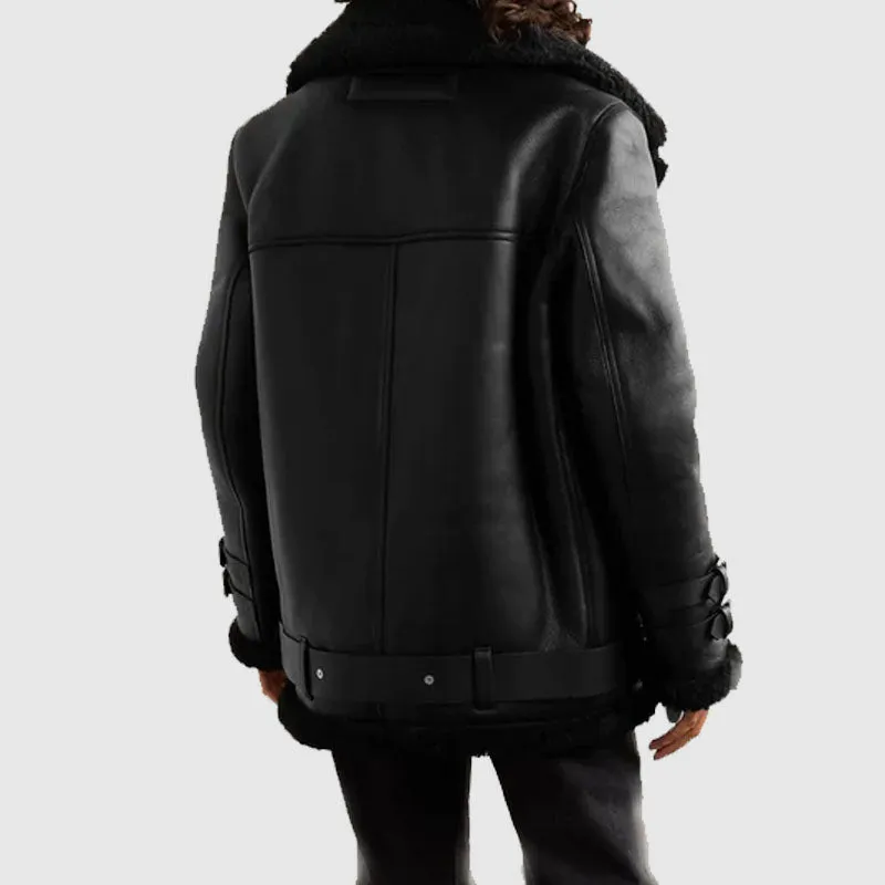 New Style Black RAF B3 Trimmed Sheepskin Shearling Leather Biker Jacket