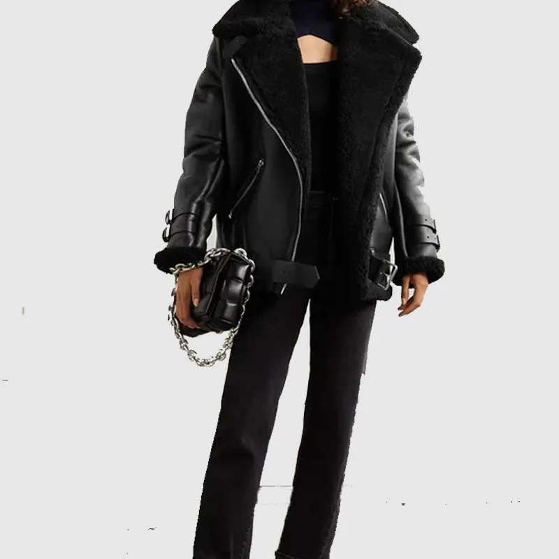 New Style Black RAF B3 Trimmed Sheepskin Shearling Leather Biker Jacket