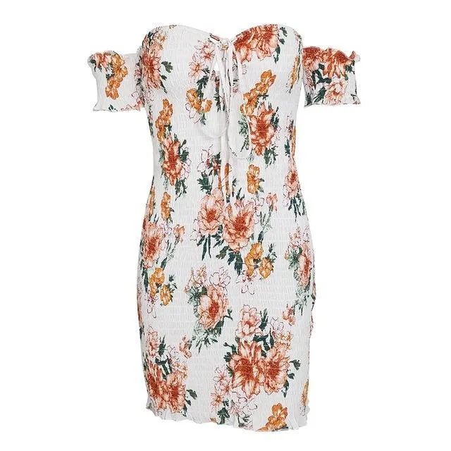 Off Shoulder Lace Up Bodycon Summer Floral Printed Dress