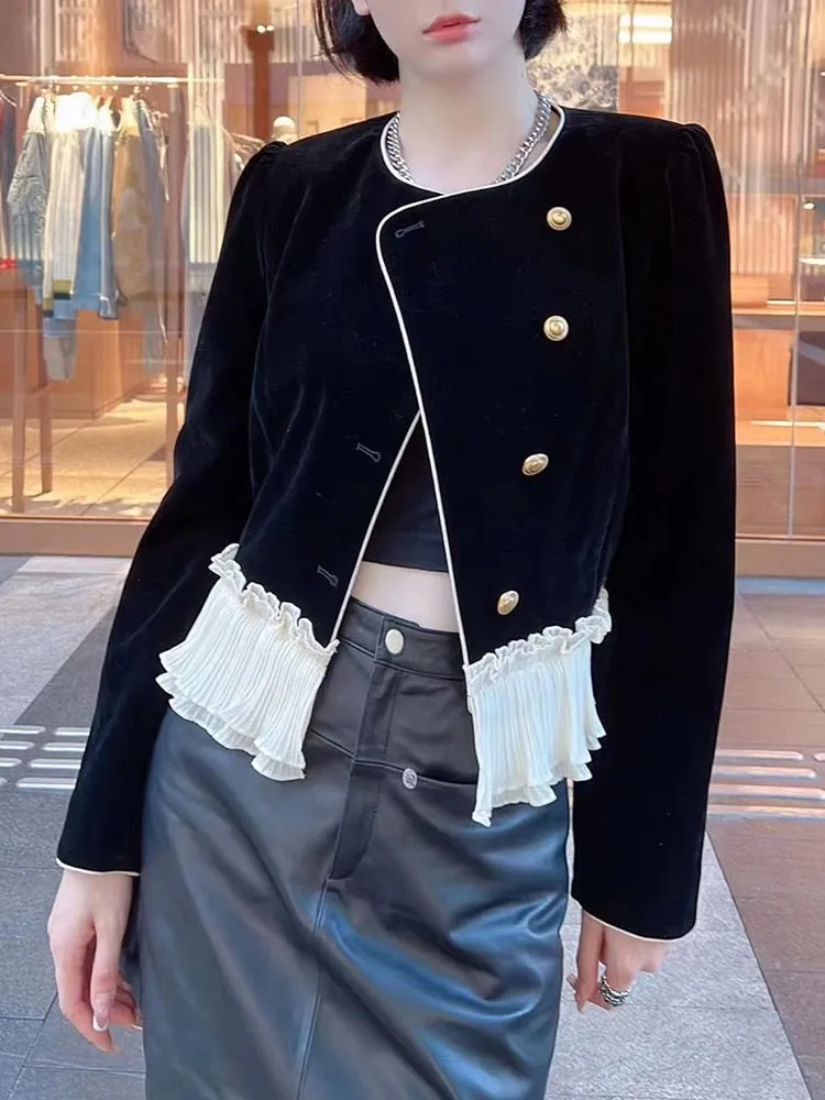 Patchwork Colorblock Jacket For Women Round Neck Long Sleeve Single Breasted Vintage Slim Jackets Female Clothing