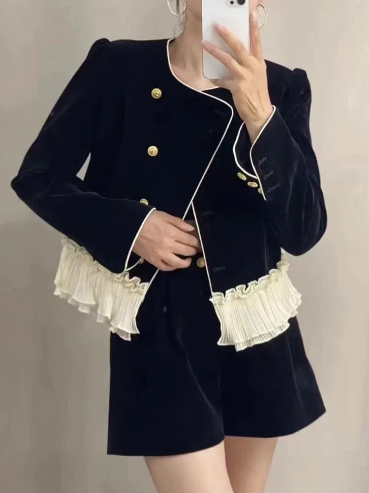 Patchwork Colorblock Jacket For Women Round Neck Long Sleeve Single Breasted Vintage Slim Jackets Female Clothing