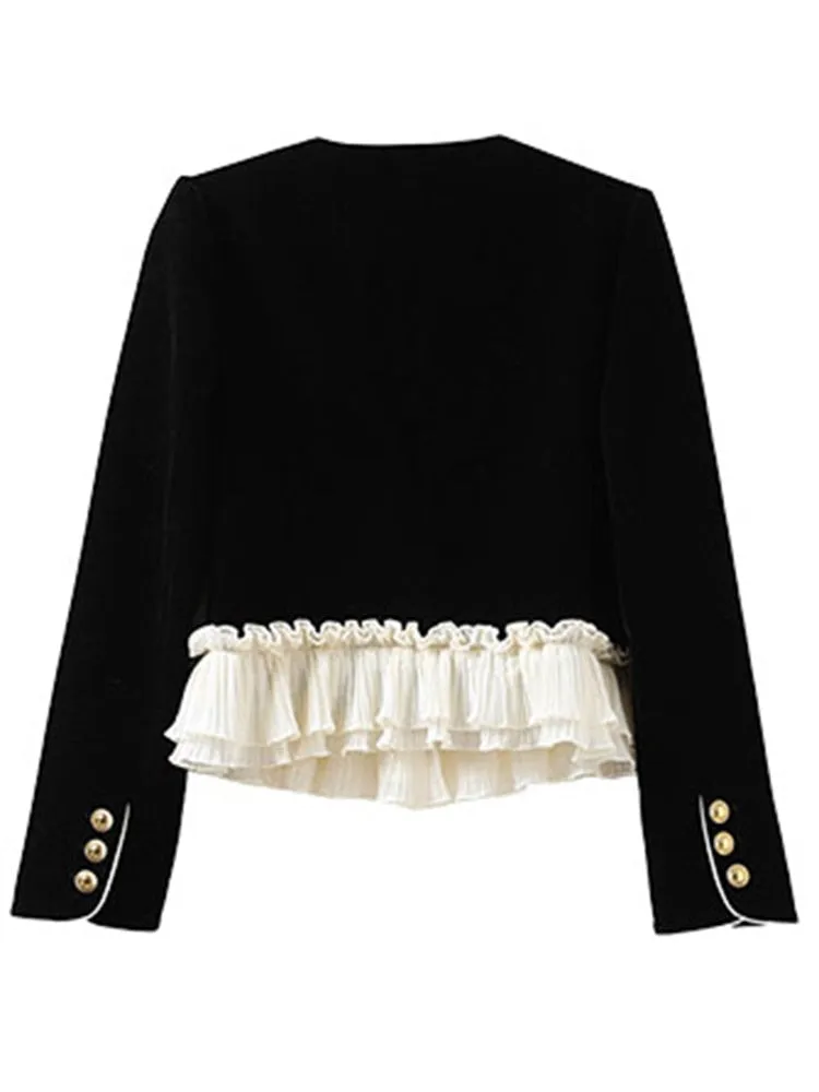 Patchwork Colorblock Jacket For Women Round Neck Long Sleeve Single Breasted Vintage Slim Jackets Female Clothing