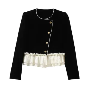 Patchwork Colorblock Jacket For Women Round Neck Long Sleeve Single Breasted Vintage Slim Jackets Female Clothing