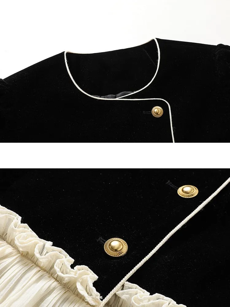 Patchwork Colorblock Jacket For Women Round Neck Long Sleeve Single Breasted Vintage Slim Jackets Female Clothing
