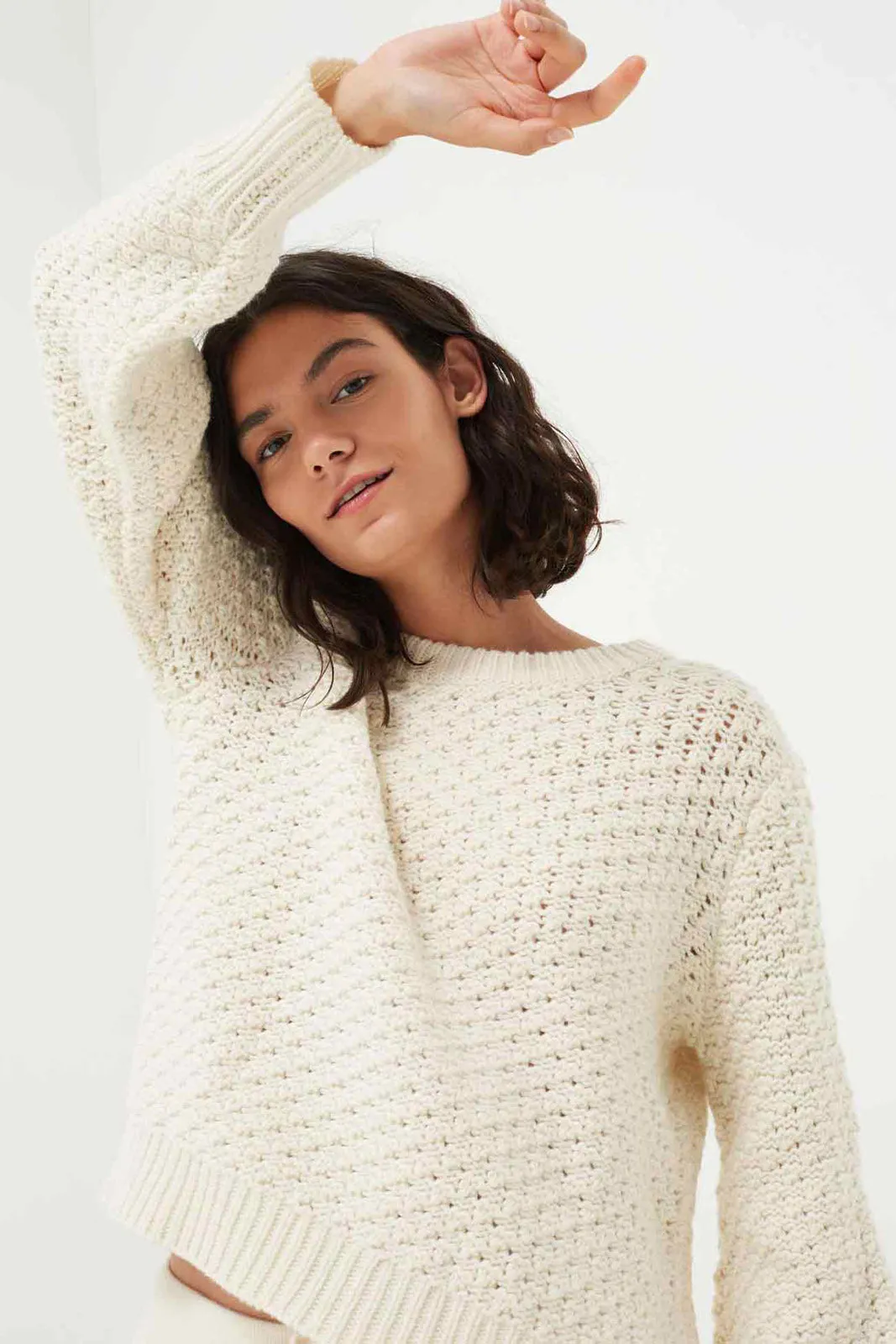 Popcorn Cashmere Stitch Sweater, Cream
