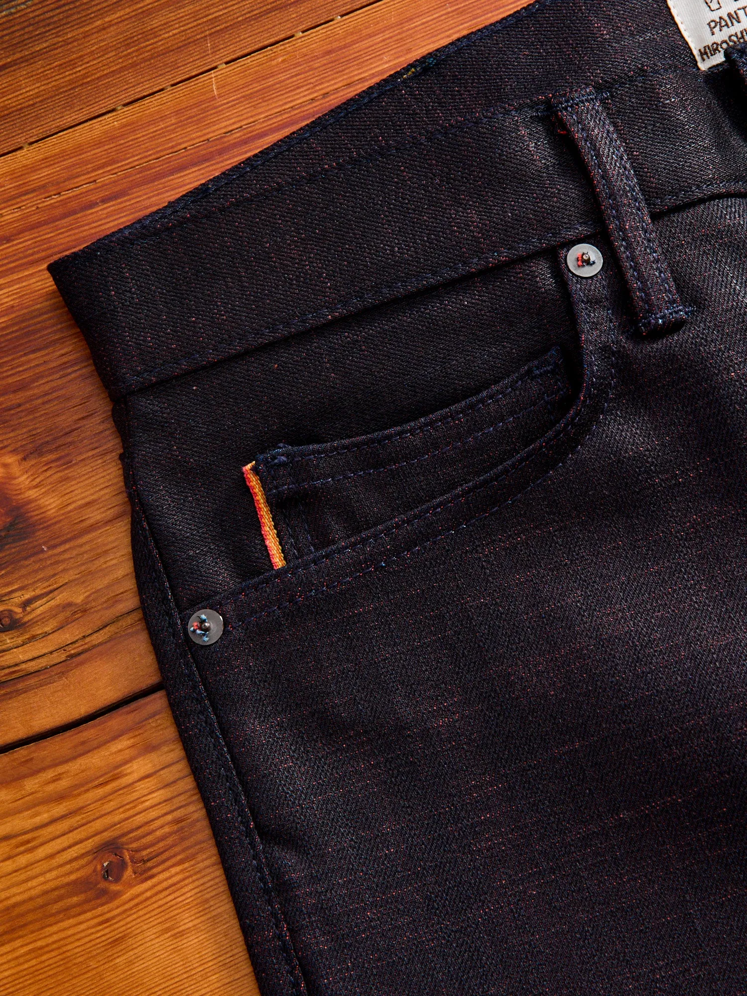 "Etched" 13oz Bordeaux Weft Stretch Selvedge Denim - Pen Slim