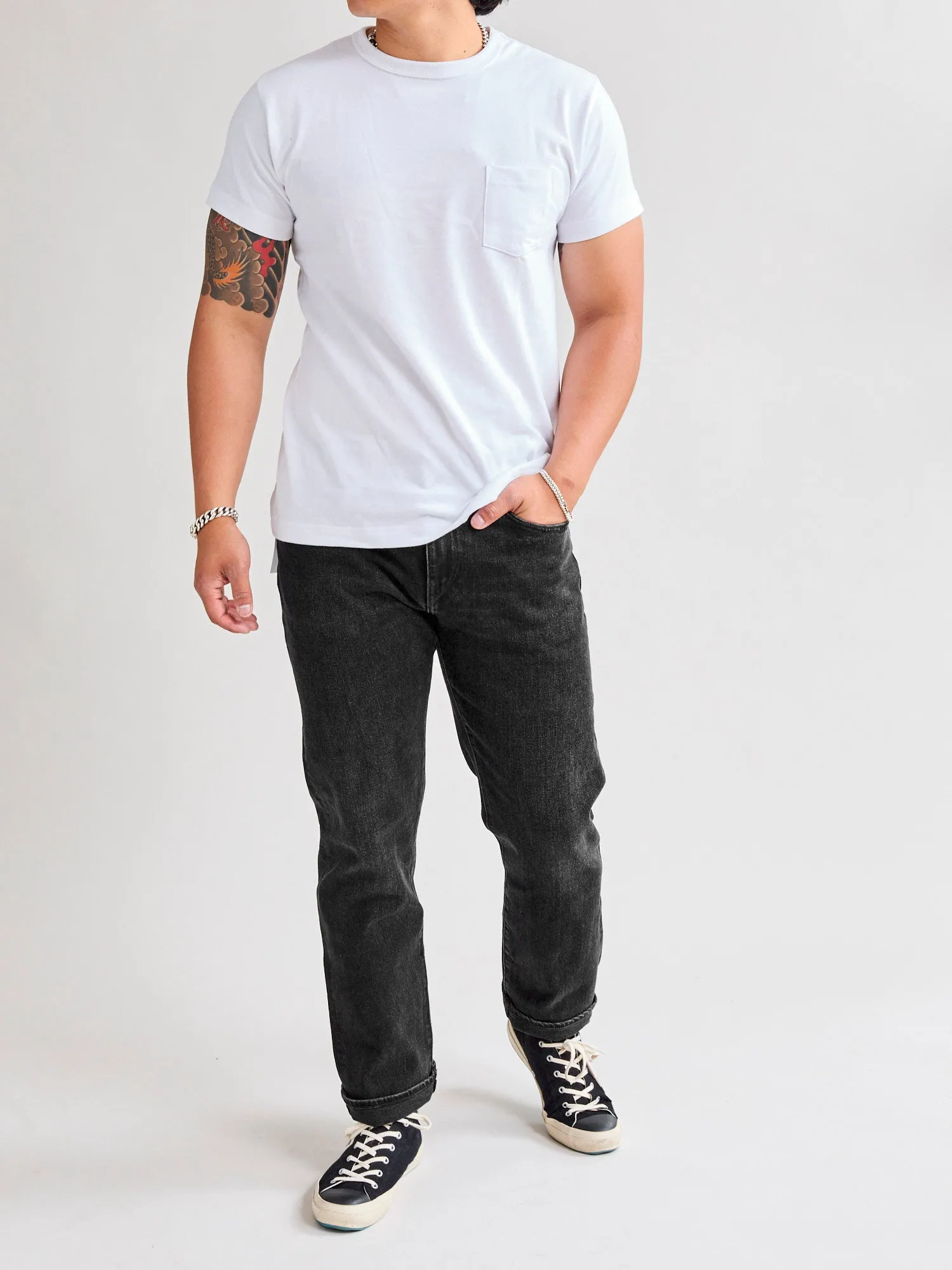 "Krist" 14oz Washed Black Stretch Selvedge Denim - Hammer Straight