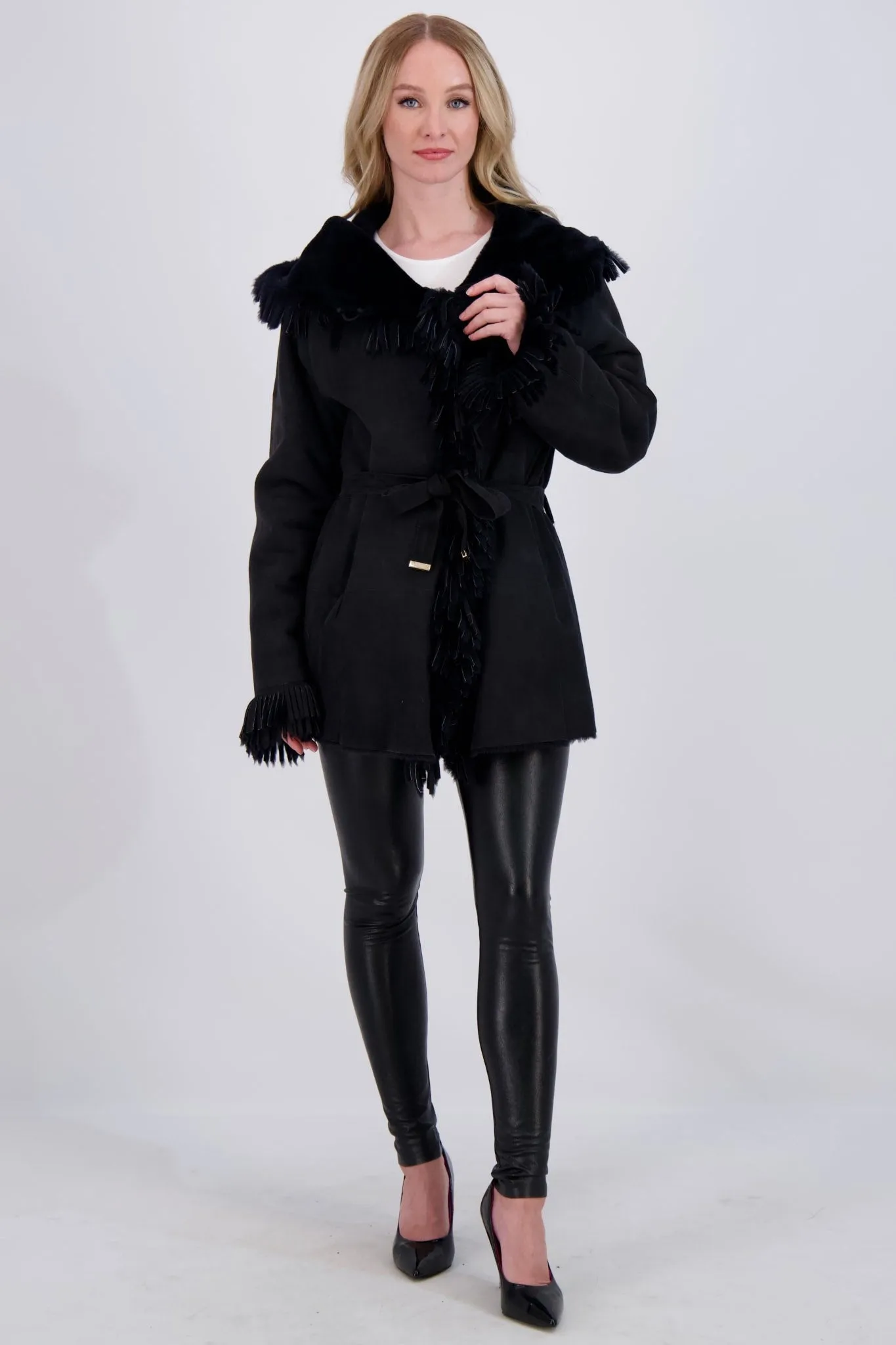 SHEARLING  HOODED JACKET WITH FRINGING