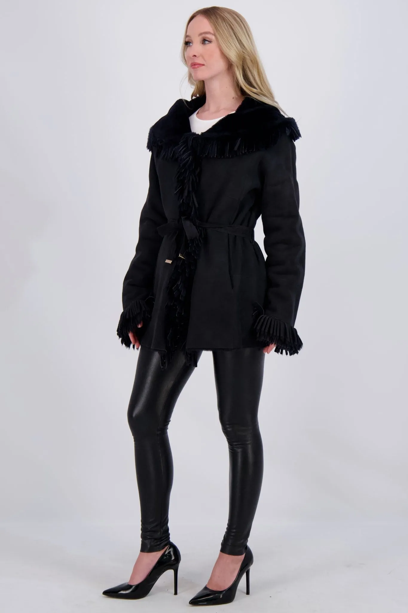 SHEARLING  HOODED JACKET WITH FRINGING
