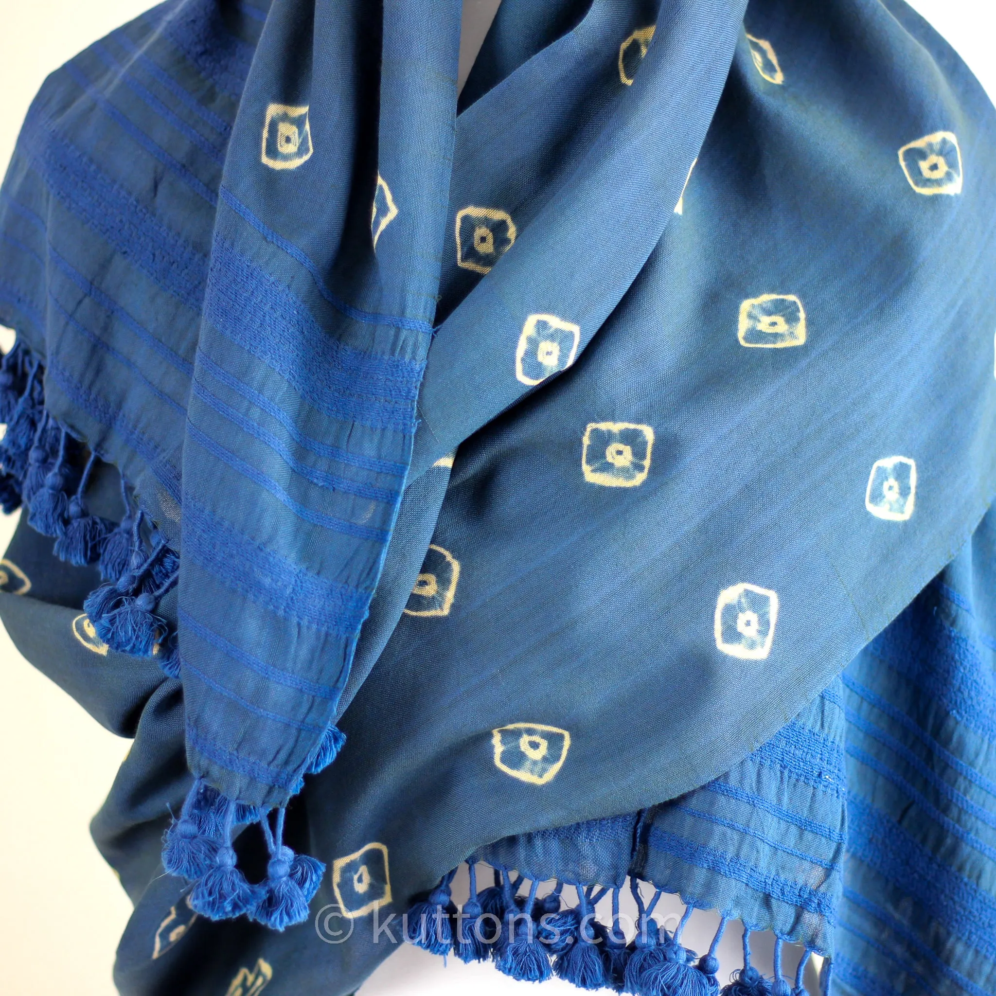Shibori Tie-Dye Fine Cotton Scarf - Handwoven Wrap with Tassels | Blue, 21x81"