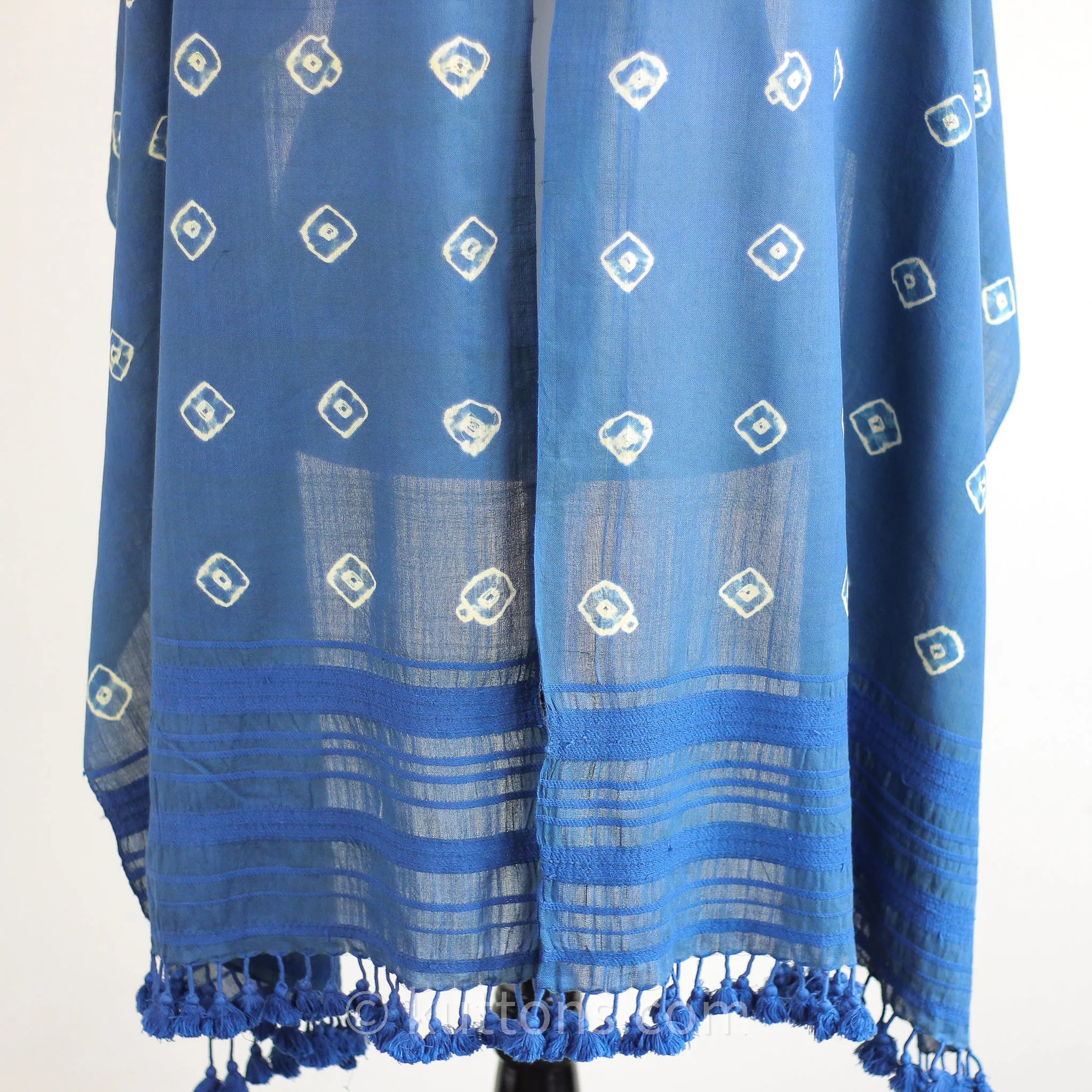 Shibori Tie-Dye Fine Cotton Scarf - Handwoven Wrap with Tassels | Blue, 21x81"