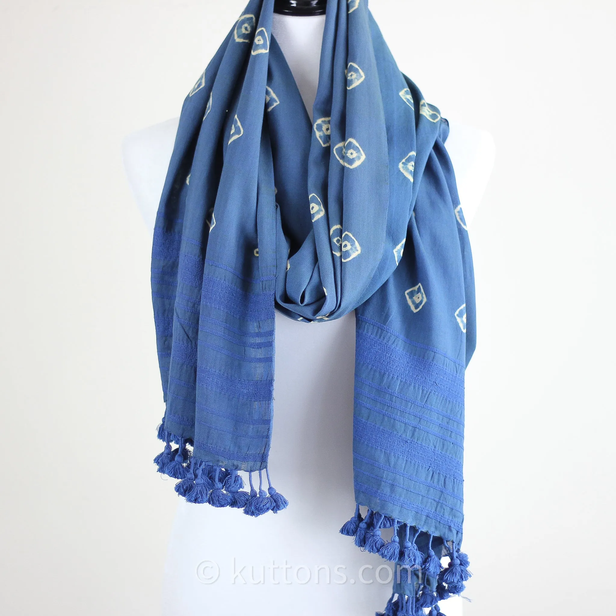 Shibori Tie-Dye Fine Cotton Scarf - Handwoven Wrap with Tassels | Blue, 21x81"