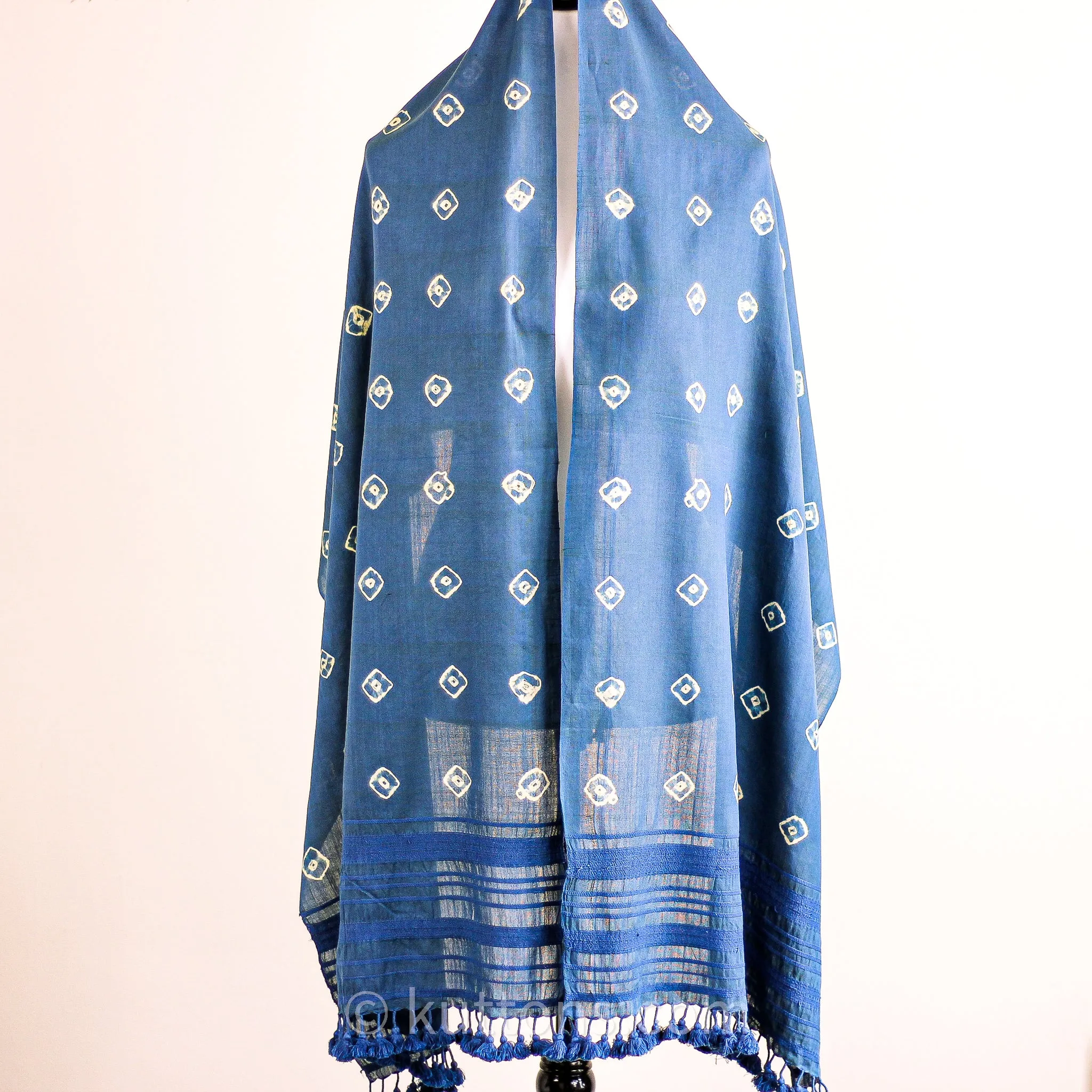 Shibori Tie-Dye Fine Cotton Scarf - Handwoven Wrap with Tassels | Blue, 21x81"