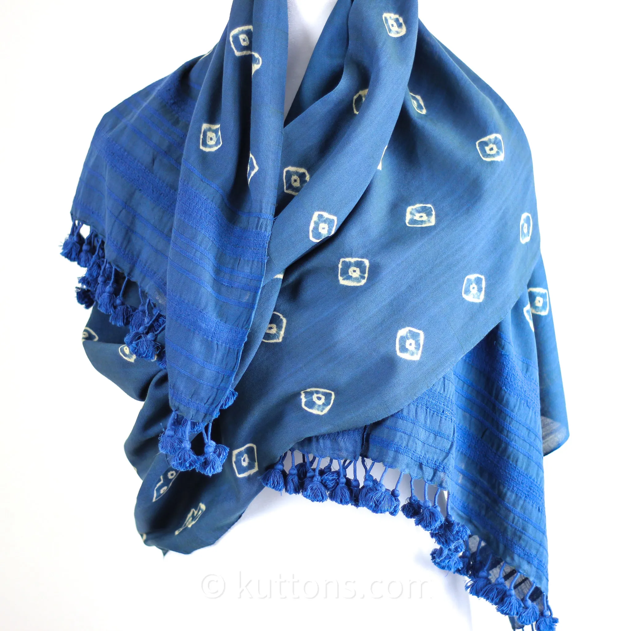 Shibori Tie-Dye Fine Cotton Scarf - Handwoven Wrap with Tassels | Blue, 21x81"