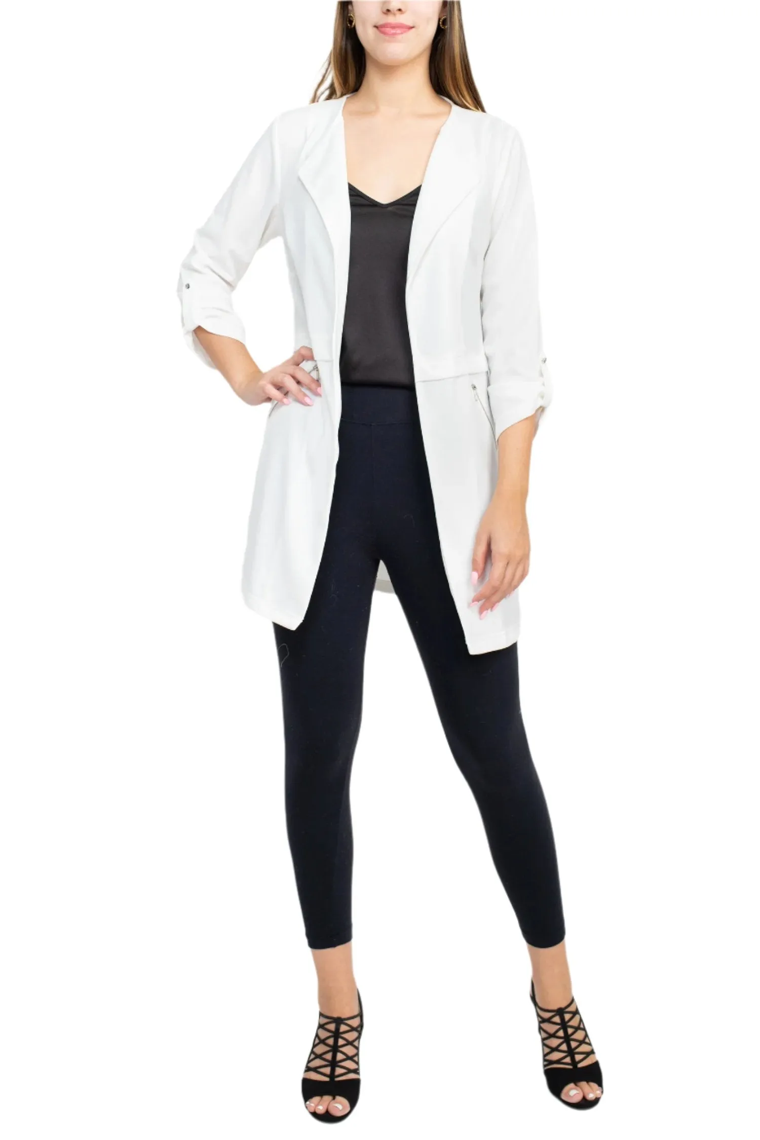 Soho Open Front 3/4 Sleeve Collared Solid Knit Jacket