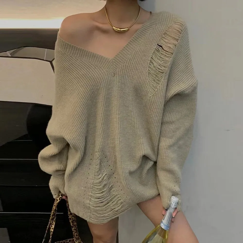 Solid Casual Loose Knitting Sweaters For Women V Neck Long Sleeve Pullover Minimalist Temperament Sweater Female