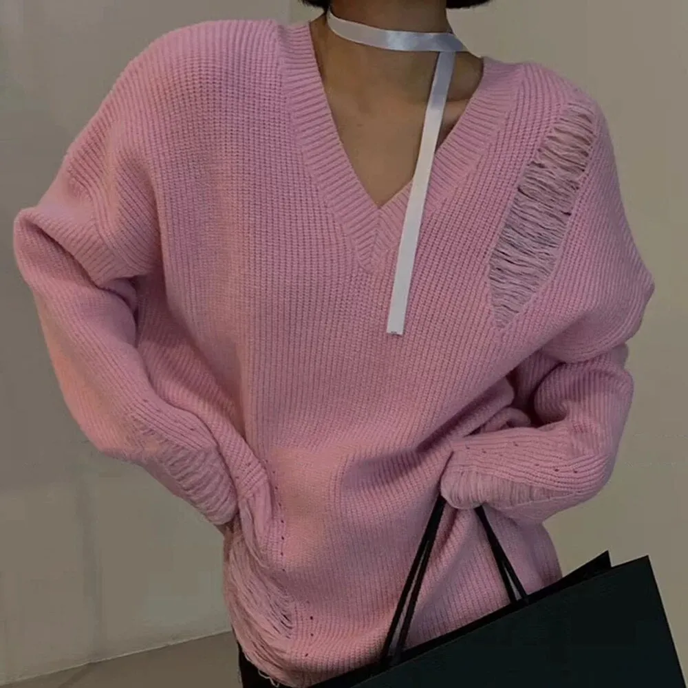 Solid Casual Loose Knitting Sweaters For Women V Neck Long Sleeve Pullover Minimalist Temperament Sweater Female