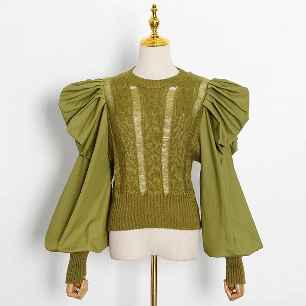 Solid Minimalist sweater For Women Round Neck Puff Sleeve Ruched Casual Loose knitting sweaters female clothing fashion
