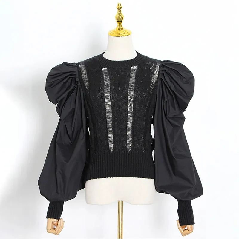 Solid Minimalist sweater For Women Round Neck Puff Sleeve Ruched Casual Loose knitting sweaters female clothing fashion
