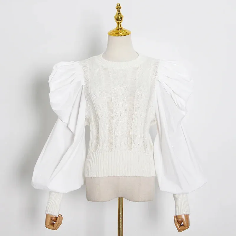 Solid Minimalist sweater For Women Round Neck Puff Sleeve Ruched Casual Loose knitting sweaters female clothing fashion