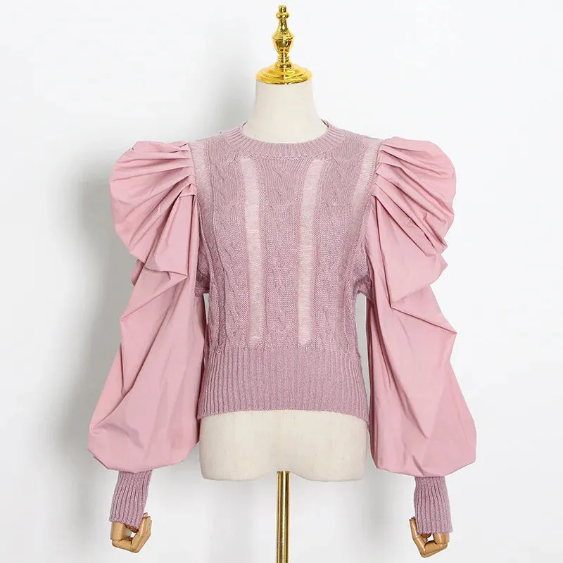 Solid Minimalist sweater For Women Round Neck Puff Sleeve Ruched Casual Loose knitting sweaters female clothing fashion