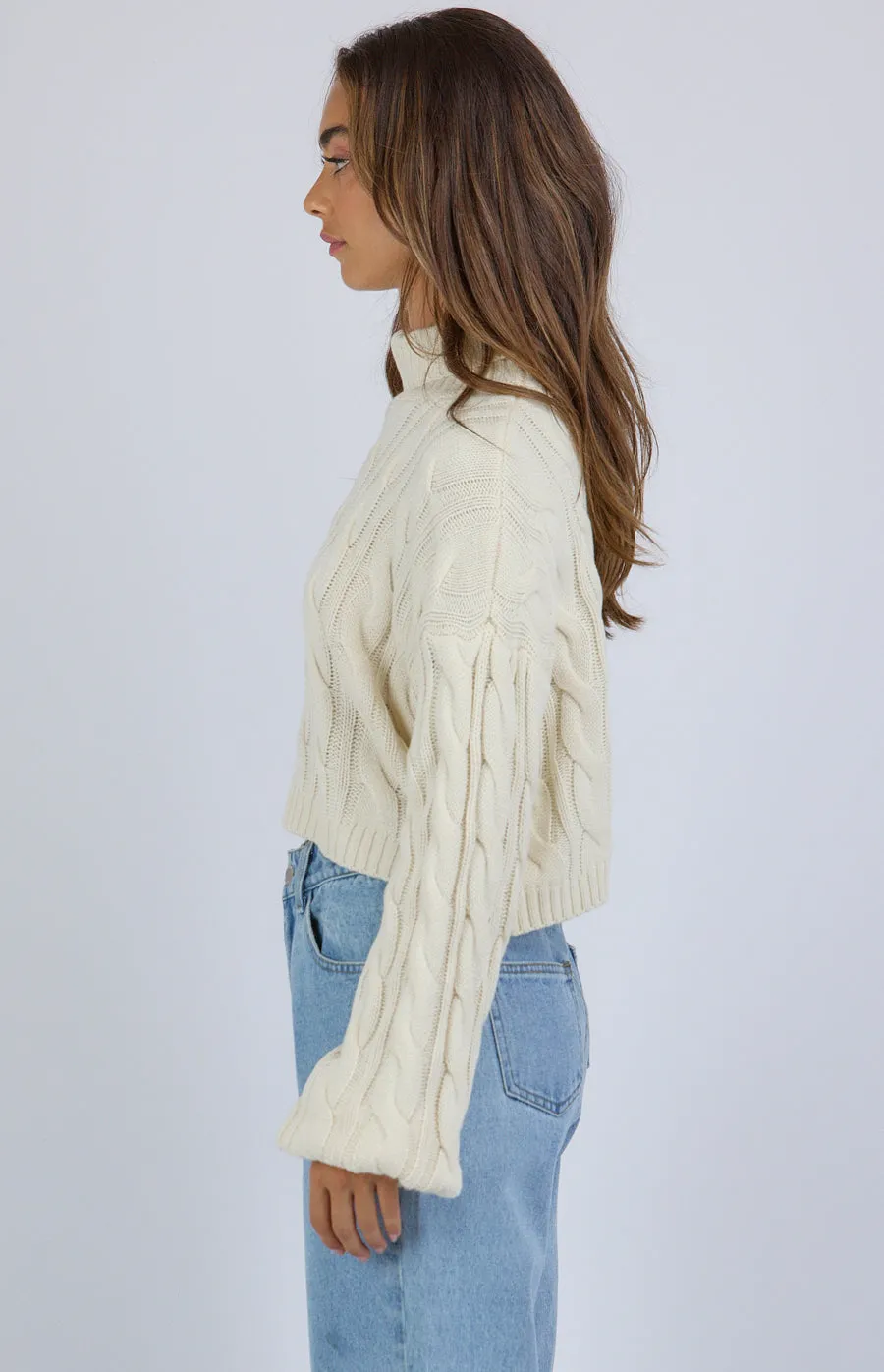 Turtle Neck Cable Cropped Knit Sweater