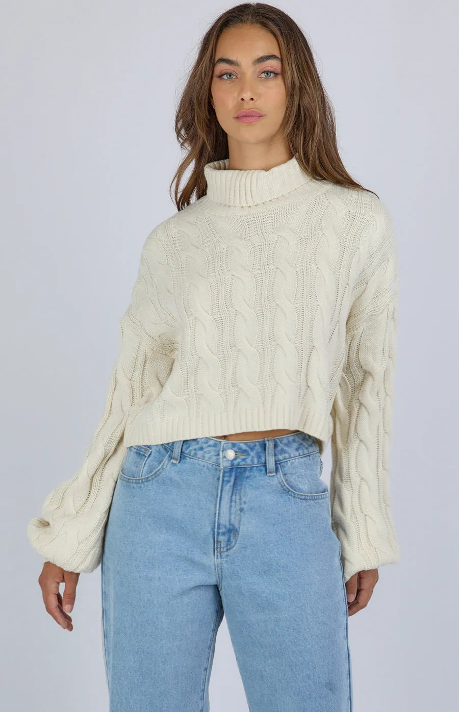 Turtle Neck Cable Cropped Knit Sweater